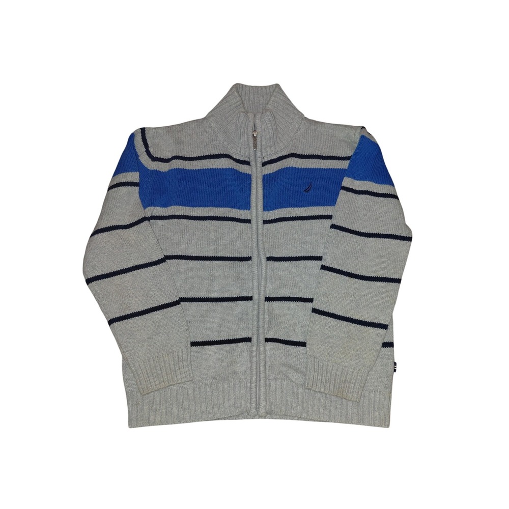 Nautica Boys Grey Blue Striped Full Zip Cotton Knit Sweater Size 7 L/G